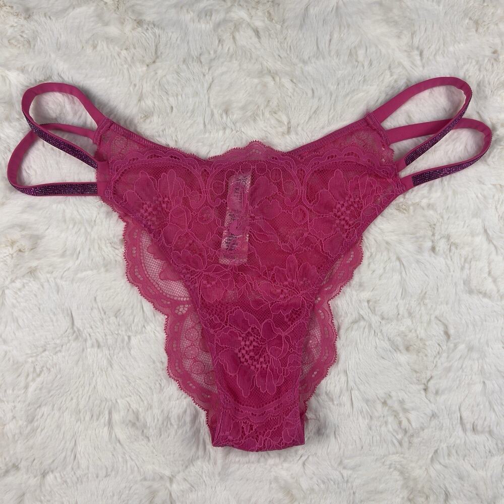 Victoria's Secret Very Sexy Double Shine Strap Lace Brazilian Panty Pink Sz. L‎